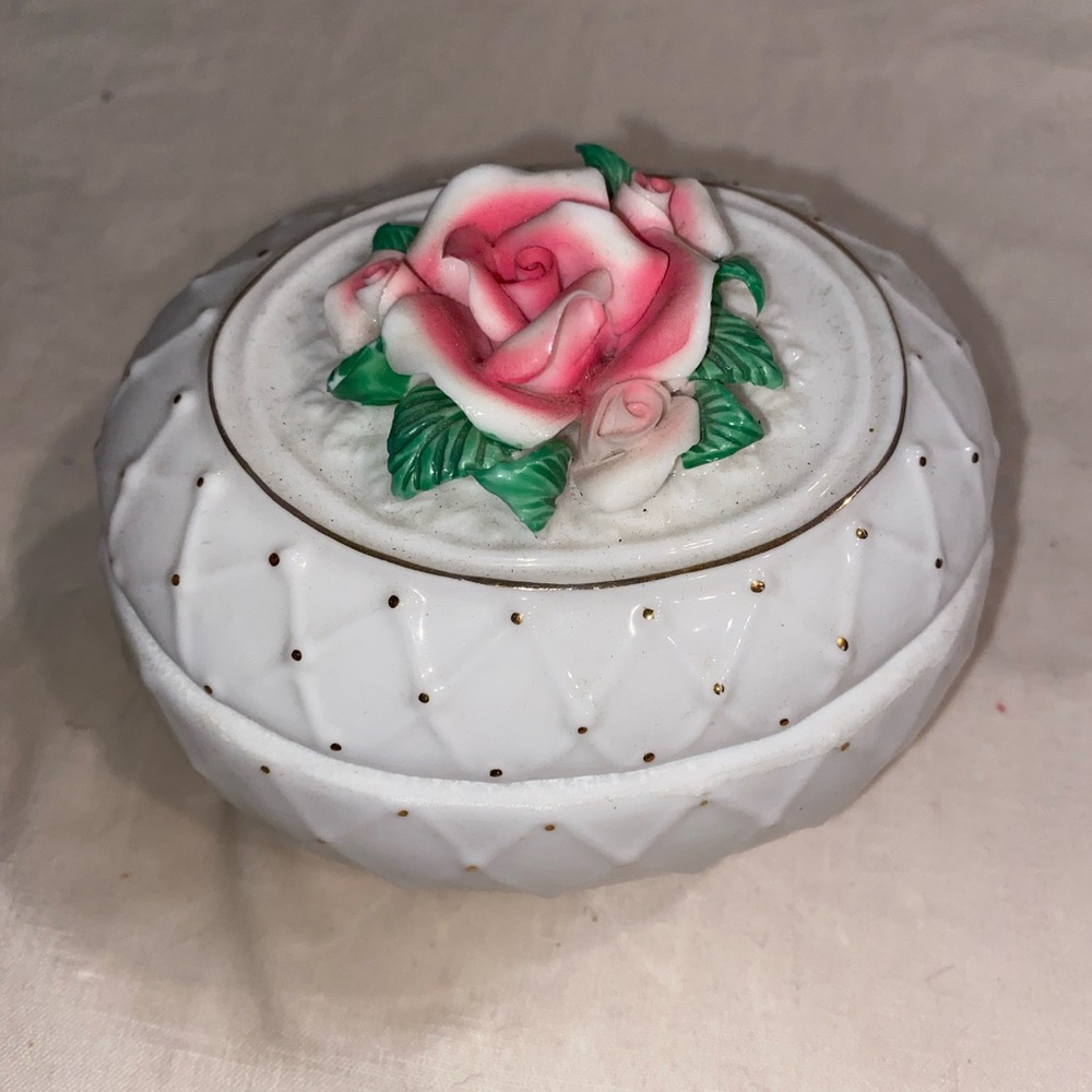 Handmade White Porcelain Trinket Box with Pink Rose Lid Decorative Collectible